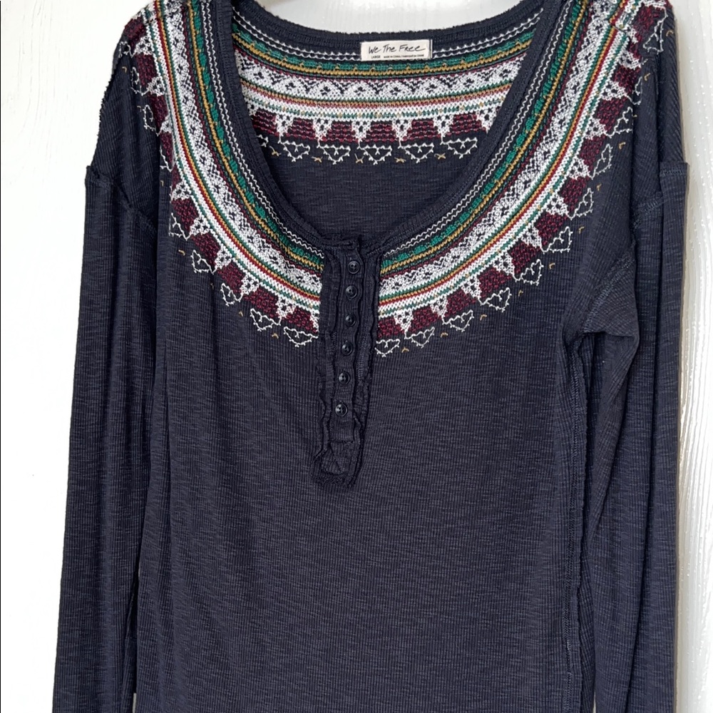 We The Free Fair Isle Embroidered Thermal Henley Long Sleeve Top